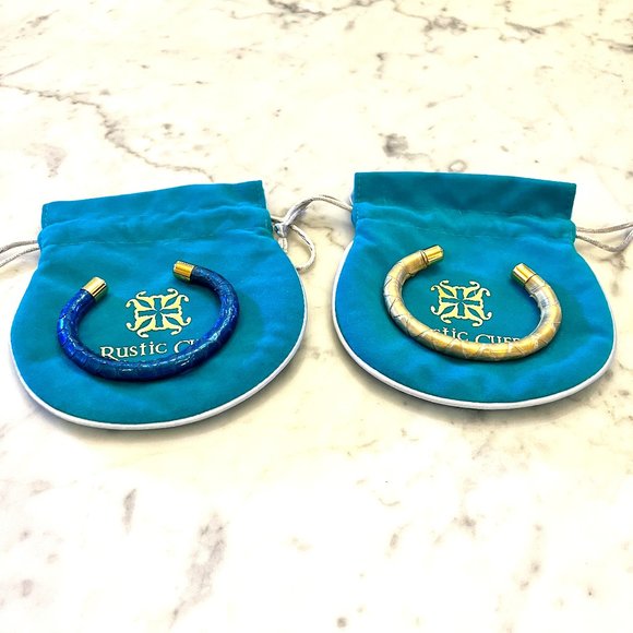Rustic Cuff (2) Blue Leather & Gold Leather Adjustable Cuff Bracelets - Picture 1 of 5